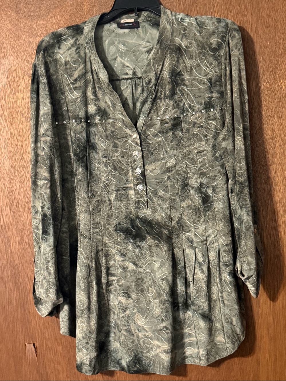 Olive Green Buttoned V-Neck Tunic with Subtle Print